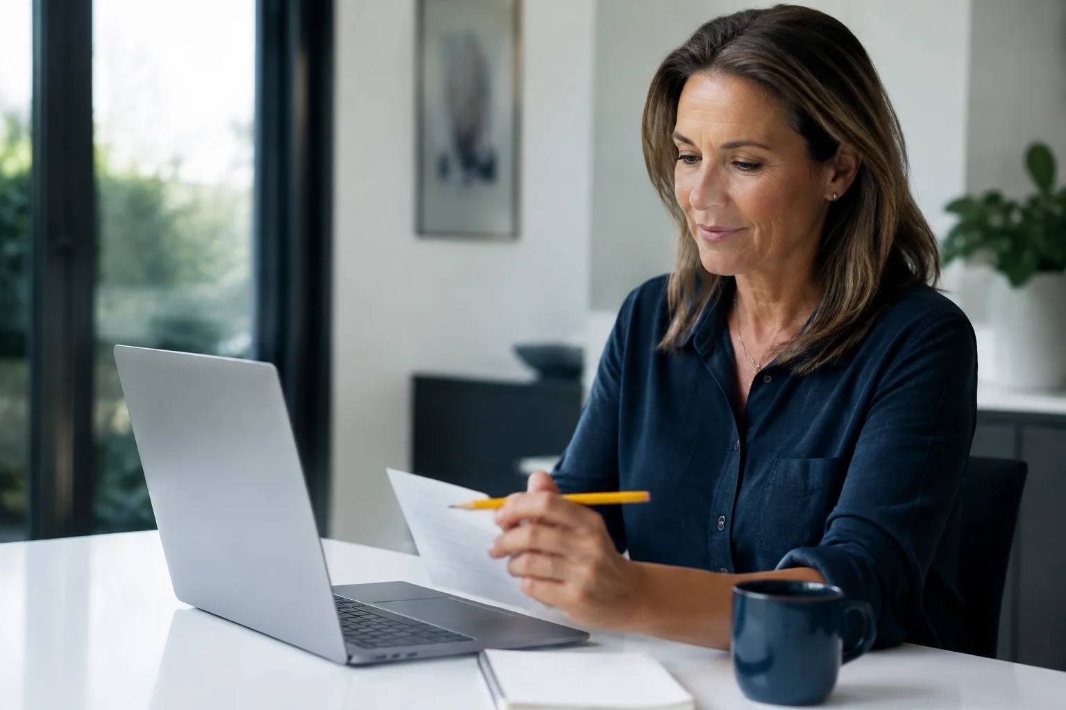 A woman reviewing her lottery play slip at home with a laptop and coffee